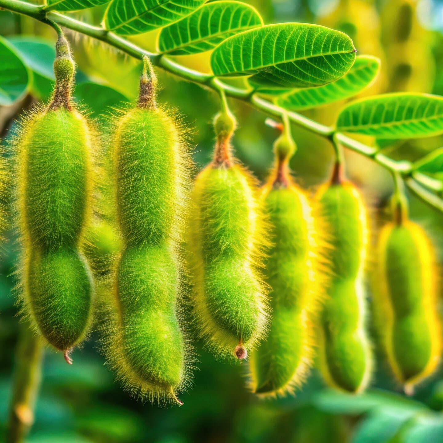 Tropical legume with fuzzy pods and vibrant green leaves, Mucuna pruriens, velvet bean, Leguminosae, plant, nature